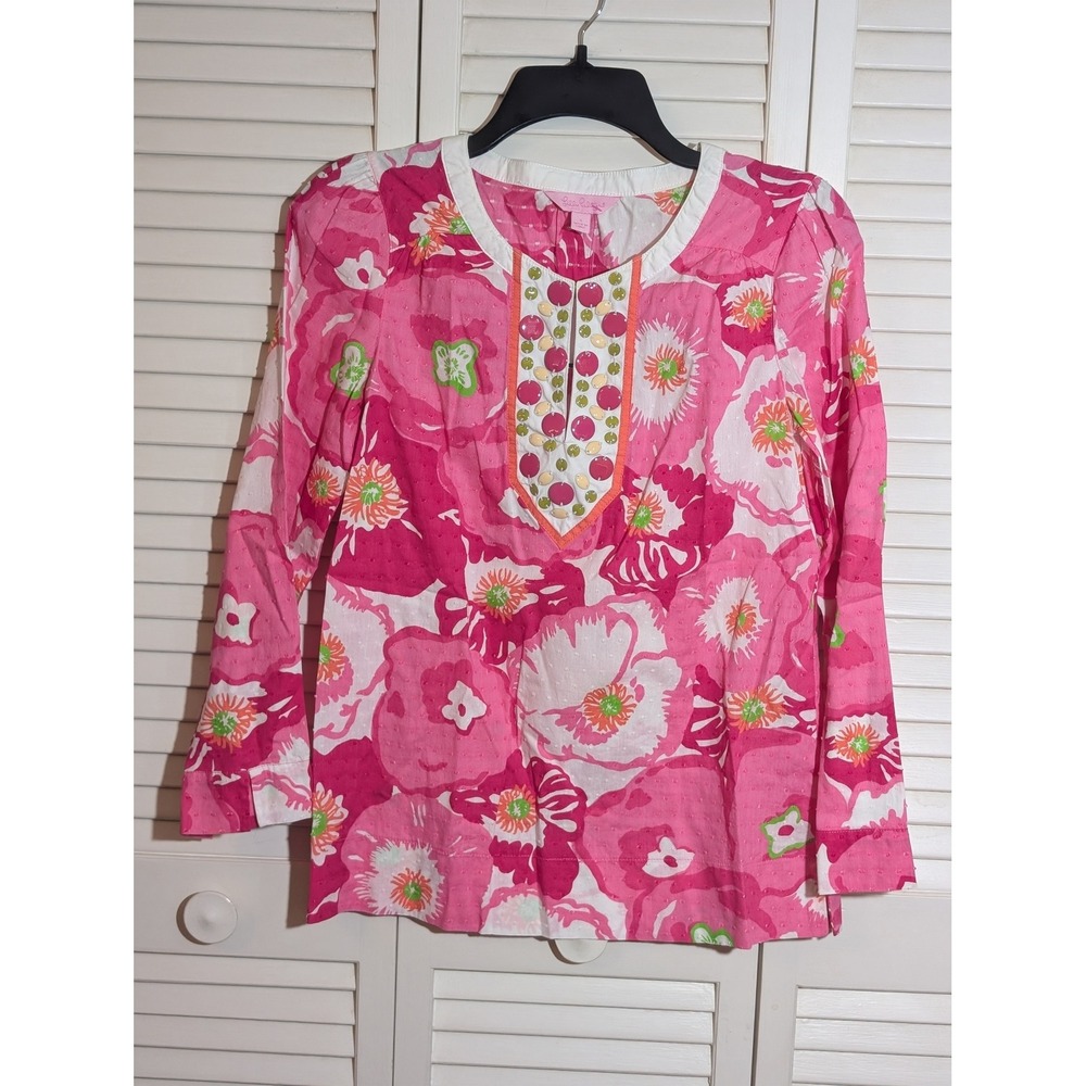Lilly Pulitzer Small Pink Floral Embellished Cotton Swiss Dot Tunic Top
